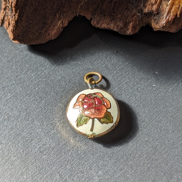 Vintage Round Domed Enamel Rose Gold-toned and White Pendent - Picture 2 of 4